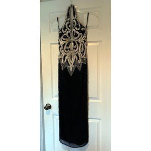 Silk black and white sequin halter gown M